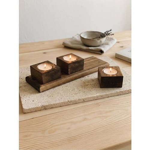 Ahşap Kare Mumluk Seti 3’lü Tealight Uyumlu Dekoratif Doğal Ahşap Mumluk ve Stand Seti