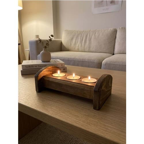 Ahşap Yatay Mumluk 3’lü Tealight Uyumlu Dekoratif Mumluk Seti
