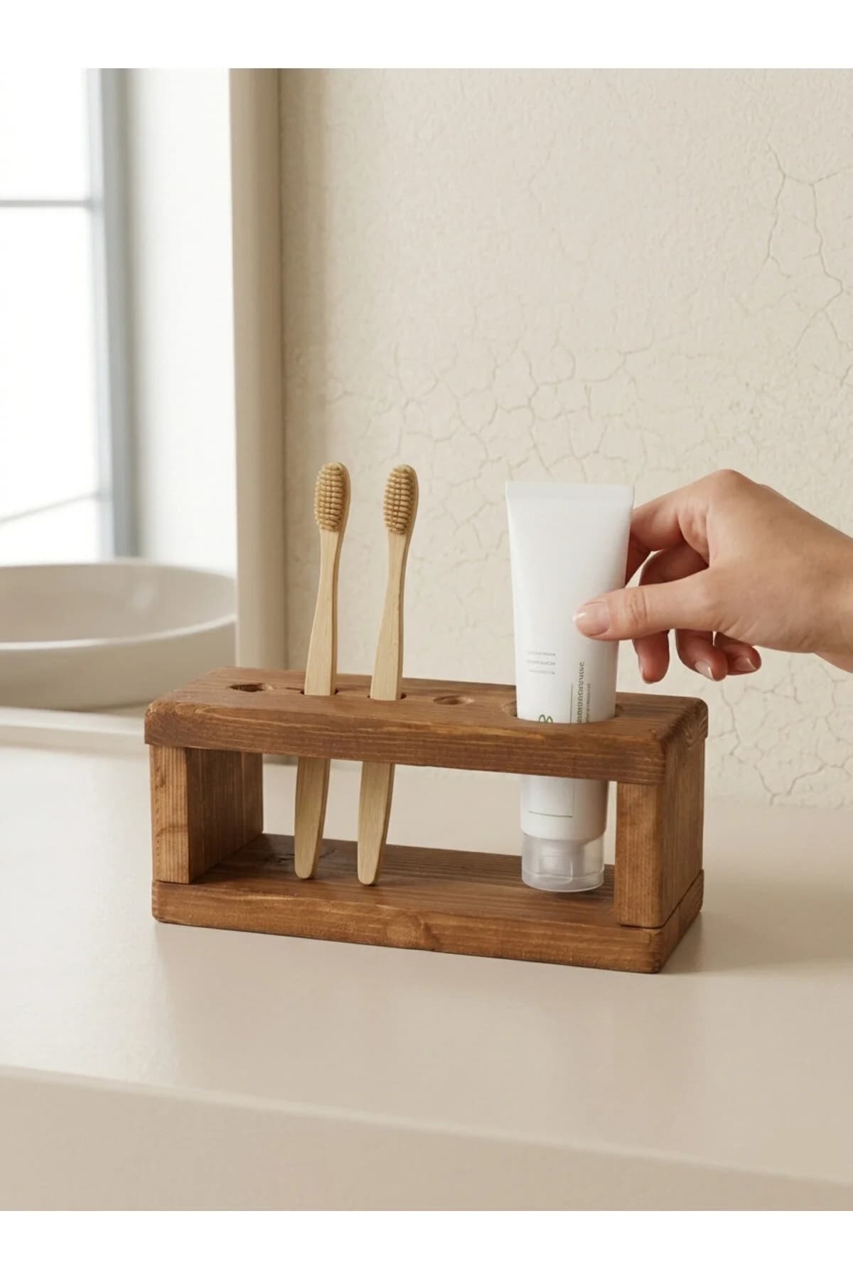Ahşap Diş Fırçası Standı | Diş Macunu Tutucu Banyo Organizer | Lavabo Üstü Düzenleyici