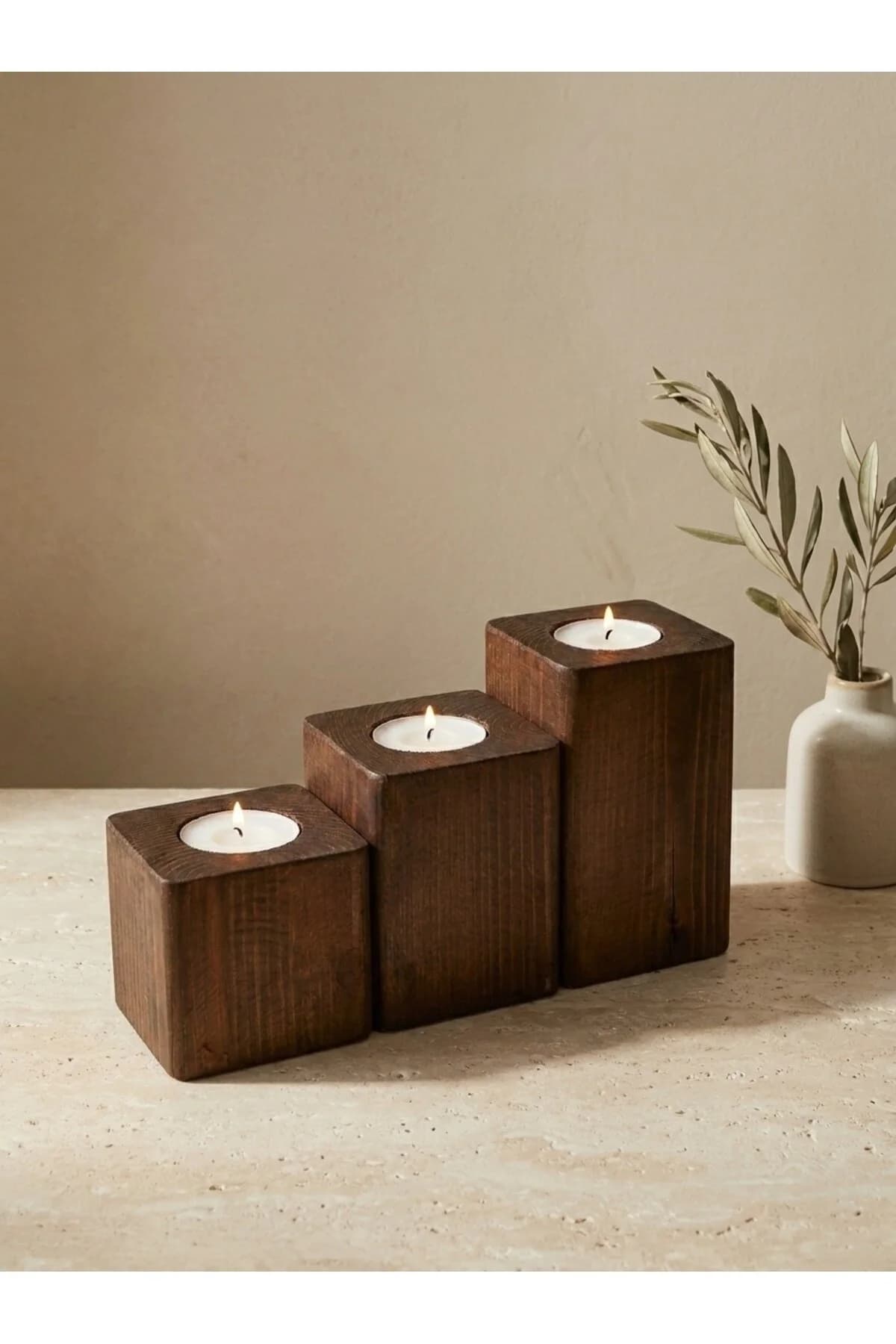 Ahşap 3'lü Masa Mumluk Seti | Tealight Şamdan | Minimal Salon Dekoru