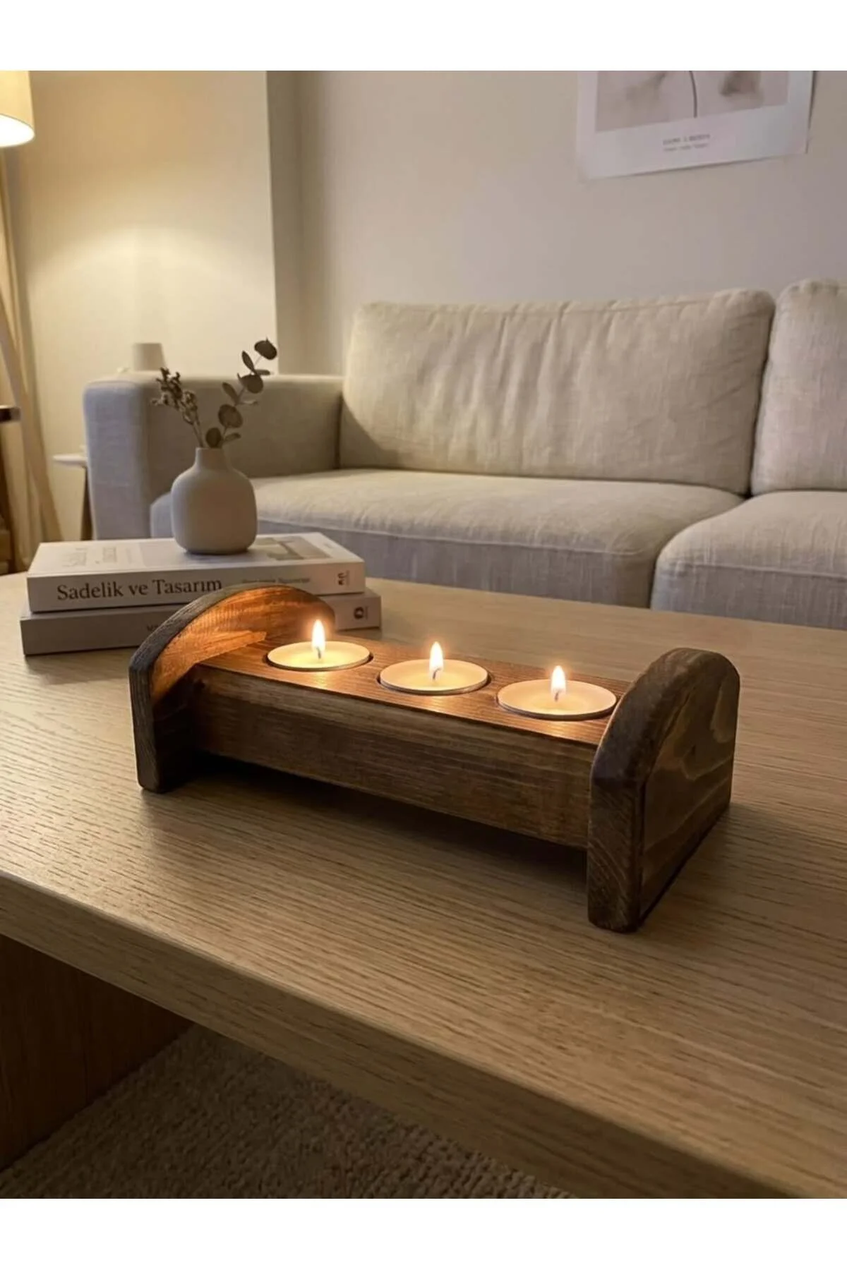 Ahşap Yatay Mumluk 3’lü Tealight Uyumlu Dekoratif Mumluk Seti