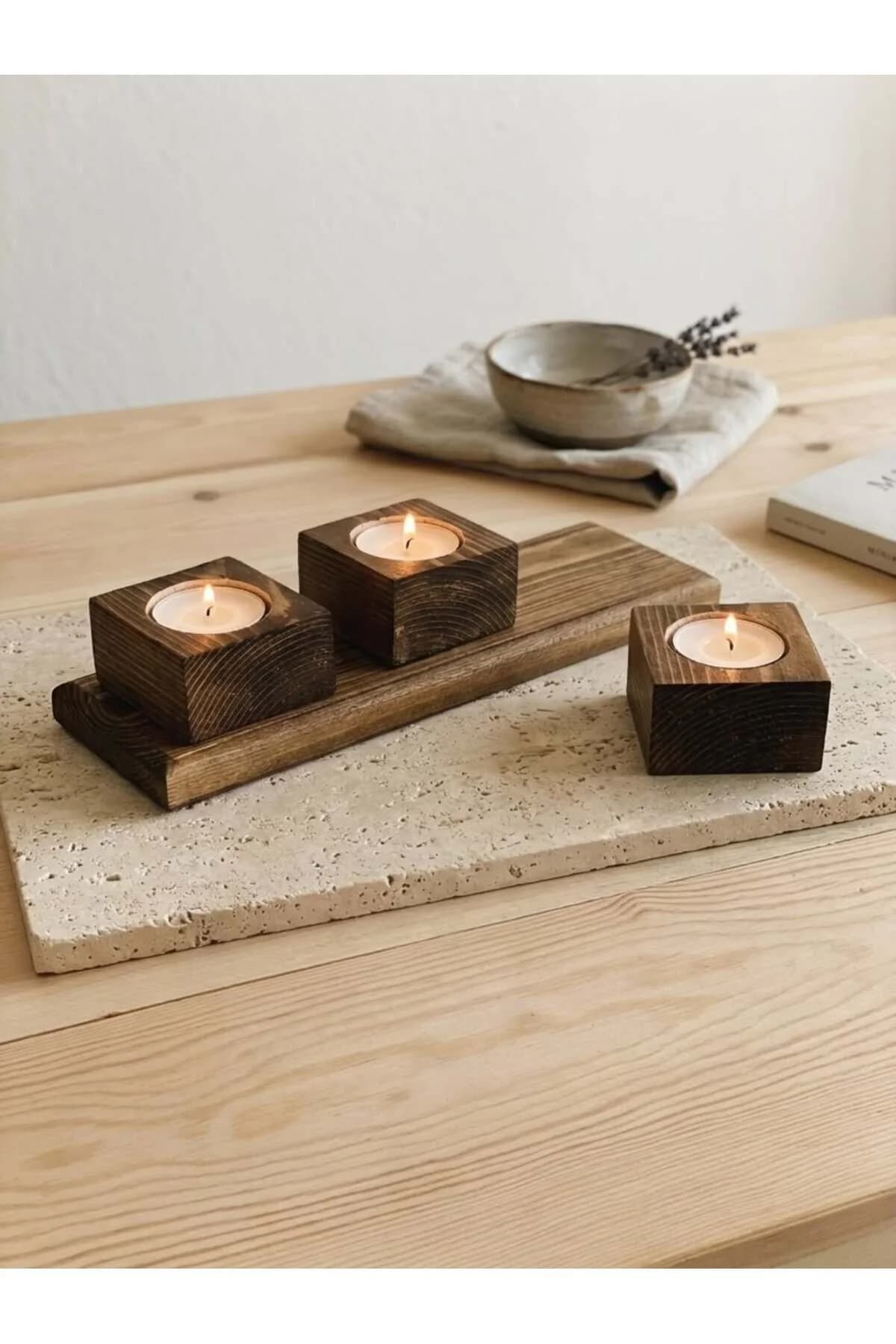 Ahşap Mumluk Seti | 3'lü Kare Tealight Uyumlu Dekoratif Mumluk | Doğal Ahşap Mumluk Seti